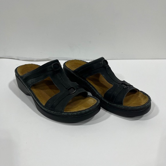 Naot Shoes - Naot Black Genuine Leather Wedge Slide Sandals Women 40 9 Comfort Slip On Resort